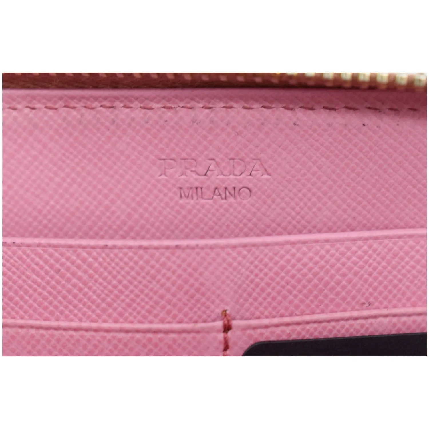 PRADA Striped Perforated Saffiano Leather Zip Around Wallet Pink/Yellow