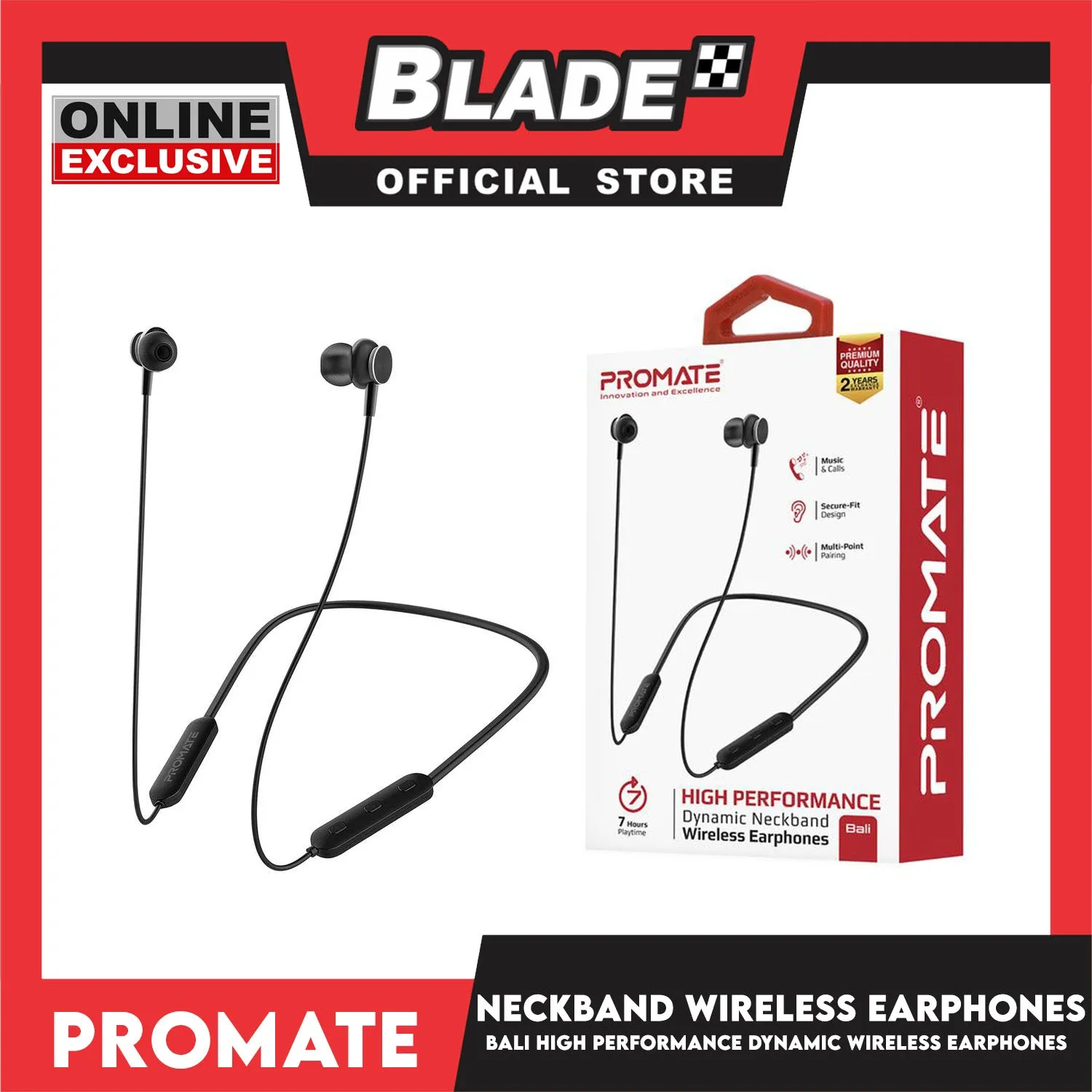 Promate Wireless Earphones Dynamic Neckband Bluetooth v5.0 Bali (Black)