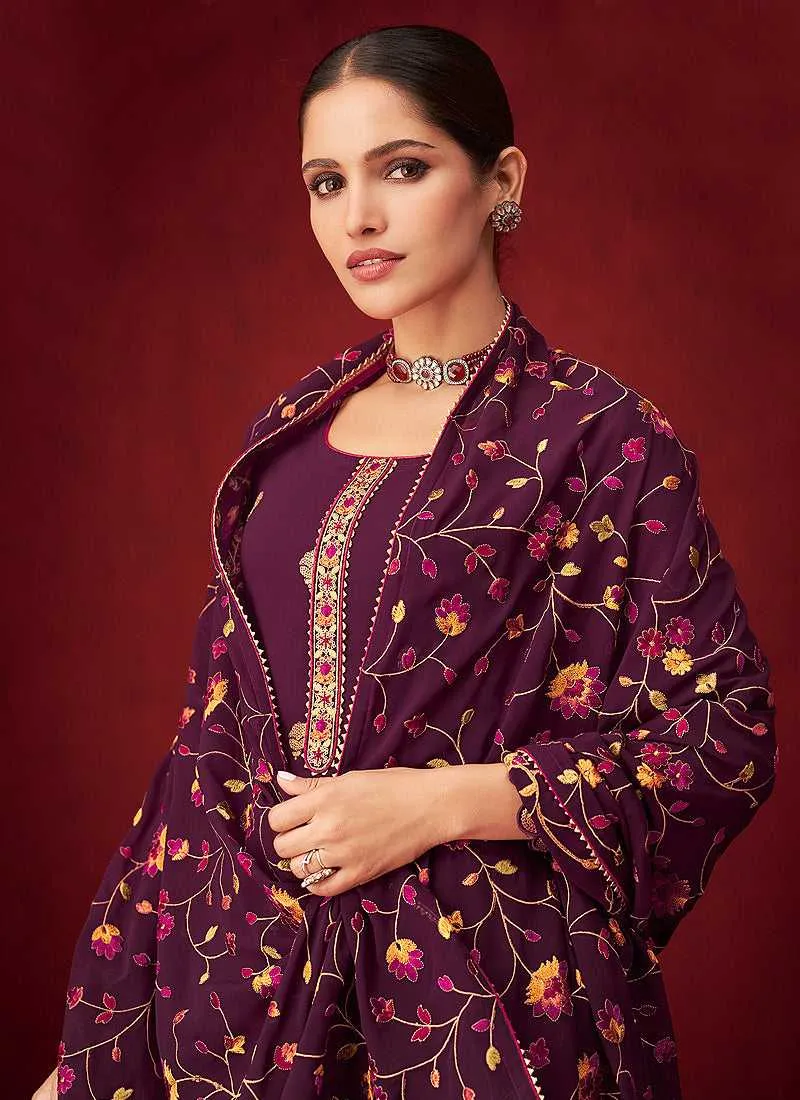 Purple Sequins Embroidered Straight Pant Style Suit
