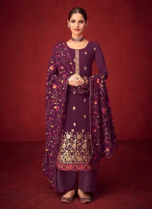 Purple Sequins Embroidered Straight Pant Style Suit