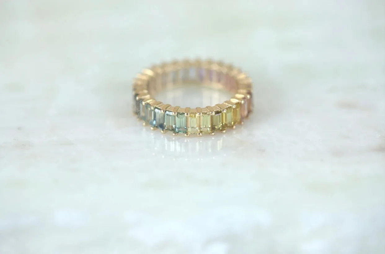 Rainbow Sapphire Baguette Eternity Band