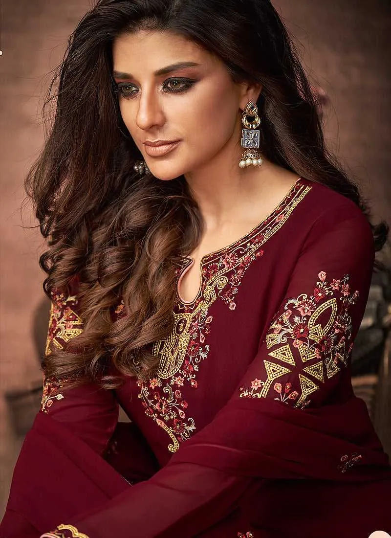 Red and Gold Embroidered Straight Pant Style Suit