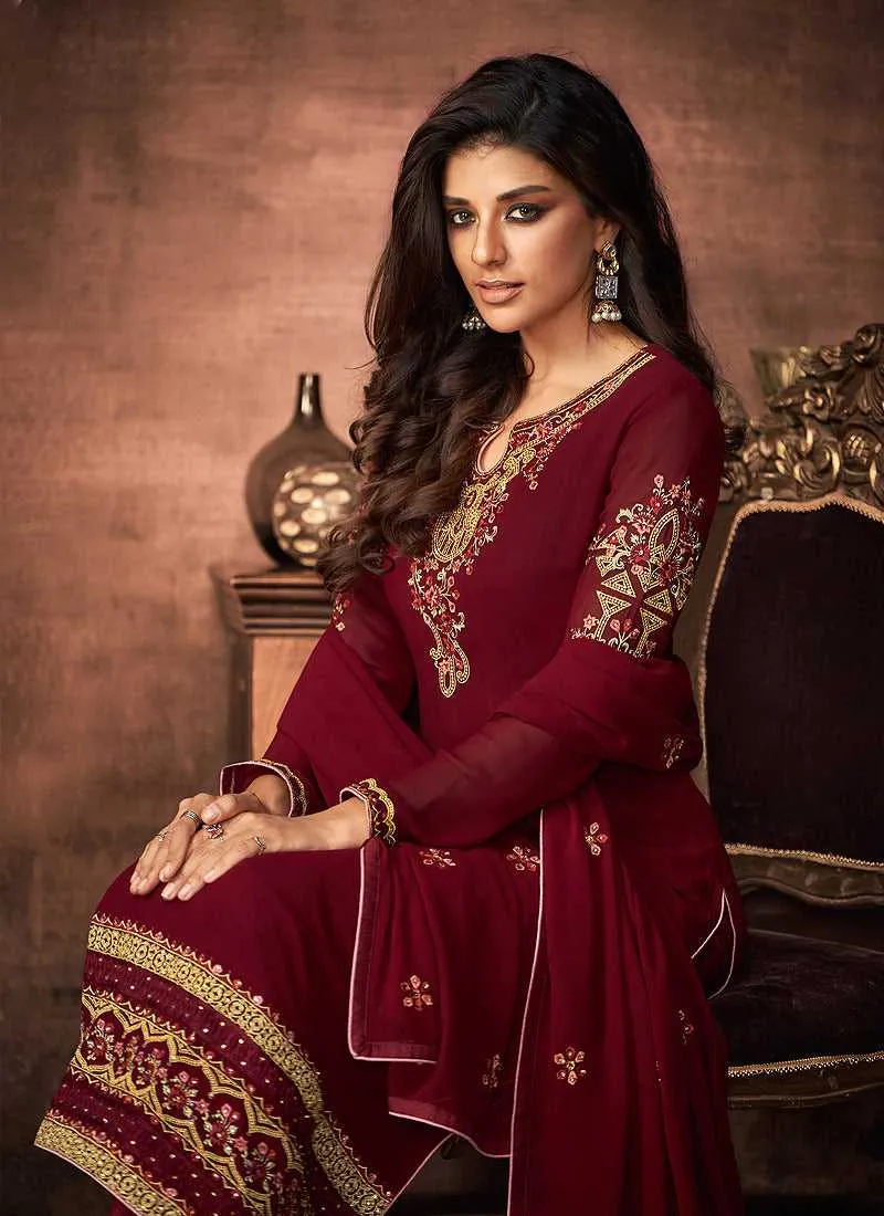 Red and Gold Embroidered Straight Pant Style Suit