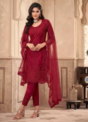 Red Floral Embroidered Designer Pant Style Suit