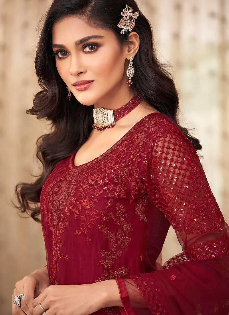 Red Floral Embroidered Designer Pant Style Suit