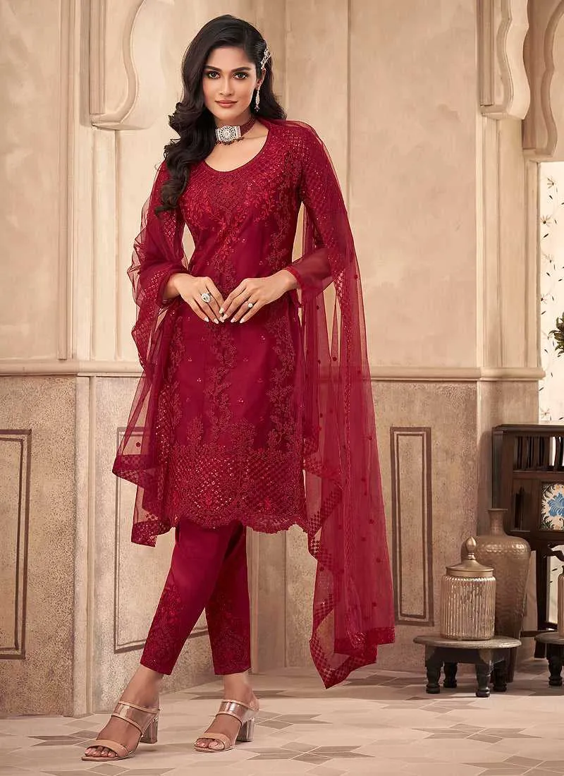 Red Floral Embroidered Designer Pant Style Suit