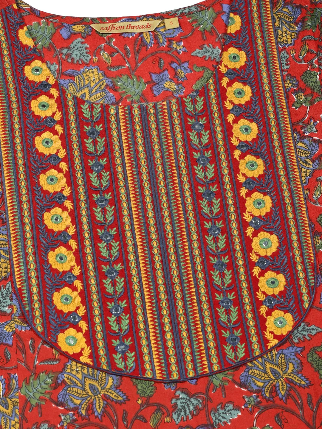 Red Floral Print Cotton Kurta with Yoke Embroidery
