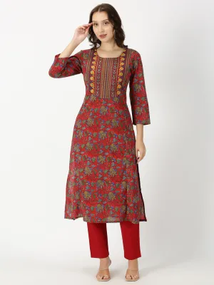 Red Floral Print Cotton Kurta with Yoke Embroidery