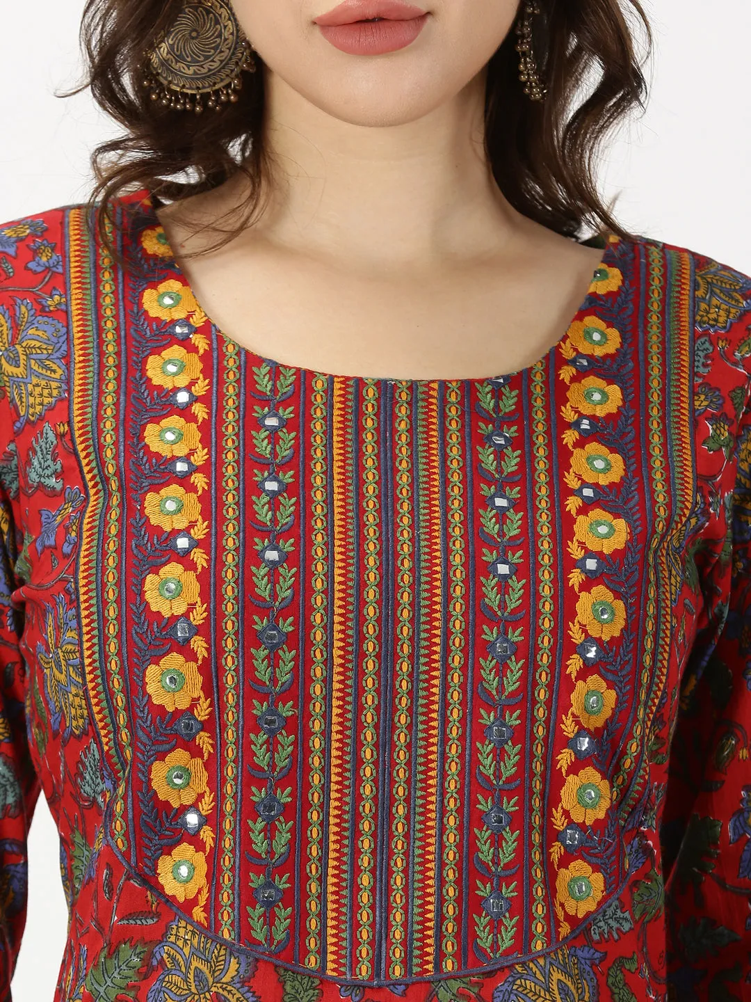 Red Floral Print Cotton Kurta with Yoke Embroidery