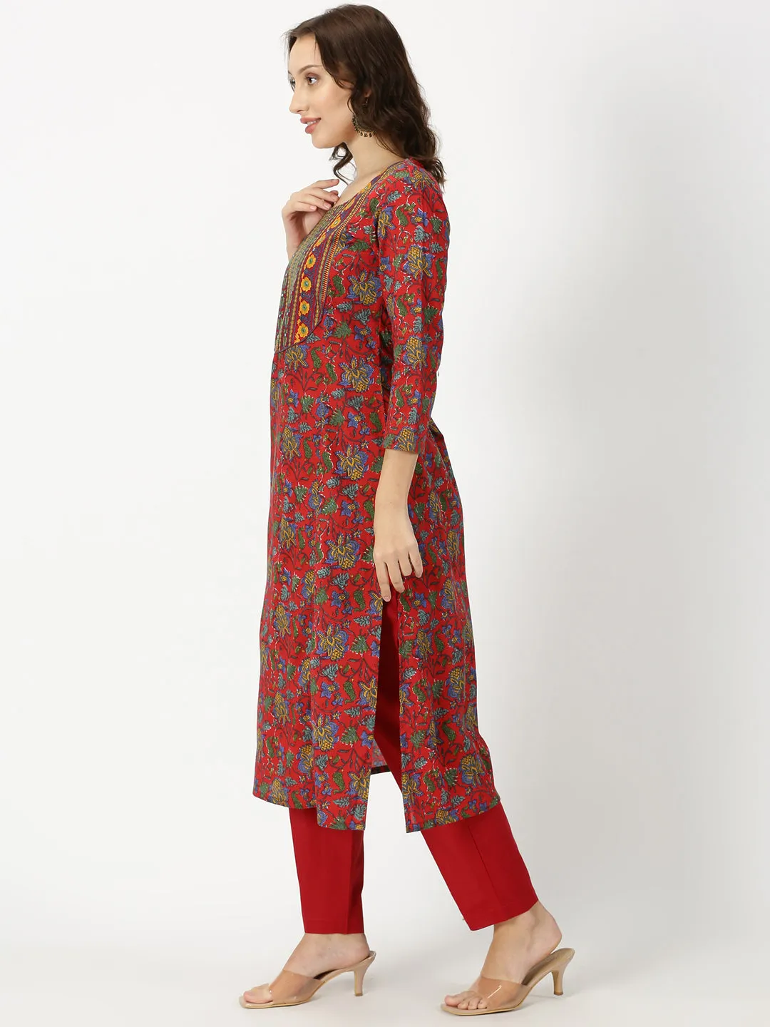 Red Floral Print Cotton Kurta with Yoke Embroidery