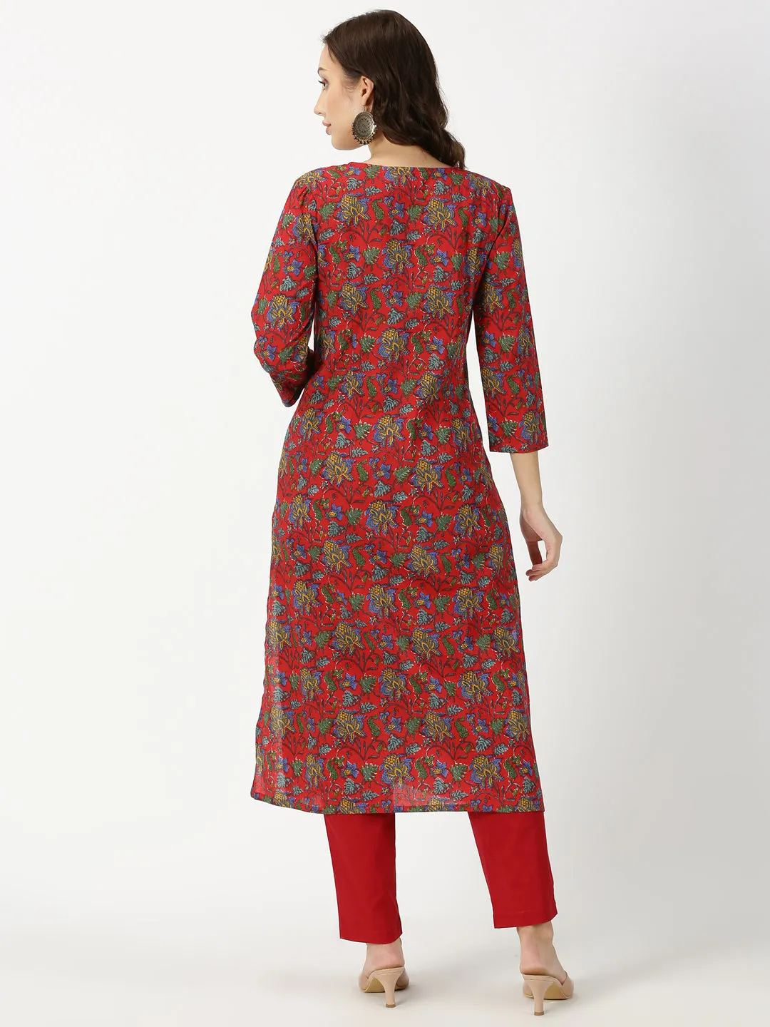Red Floral Print Cotton Kurta with Yoke Embroidery