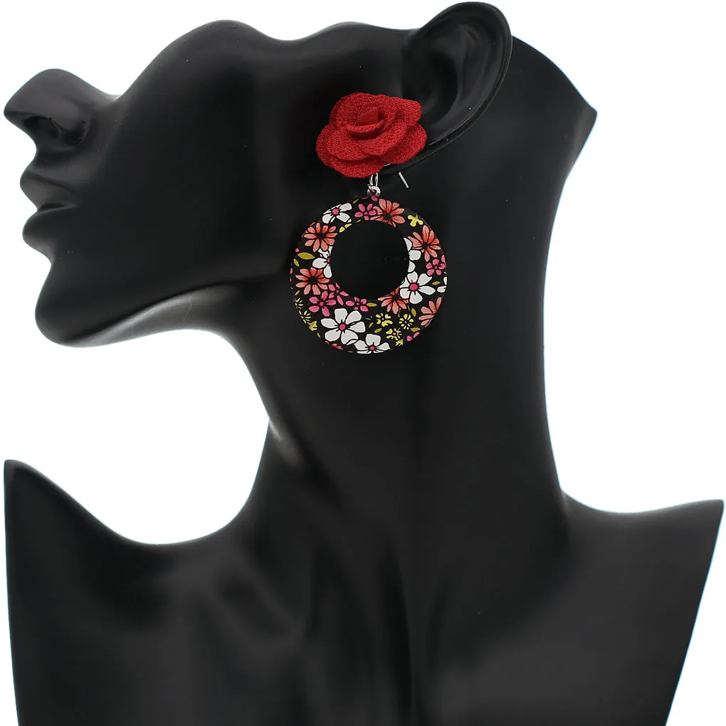 Red Flower Open Circle Earrings