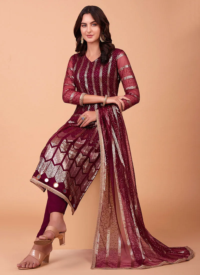 Red Sequin Embroidered Straight Pant Suit