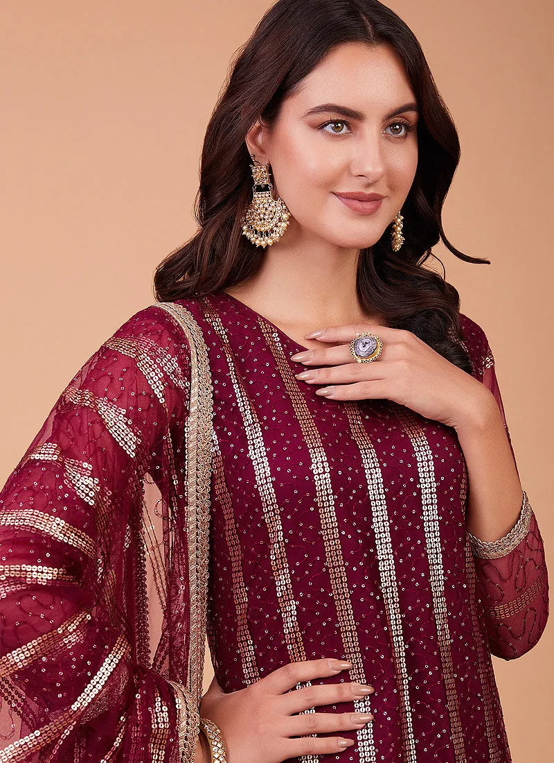 Red Sequin Embroidered Straight Pant Suit
