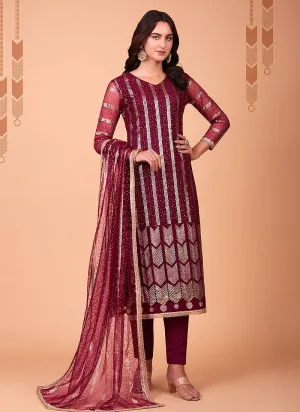 Red Sequin Embroidered Straight Pant Suit