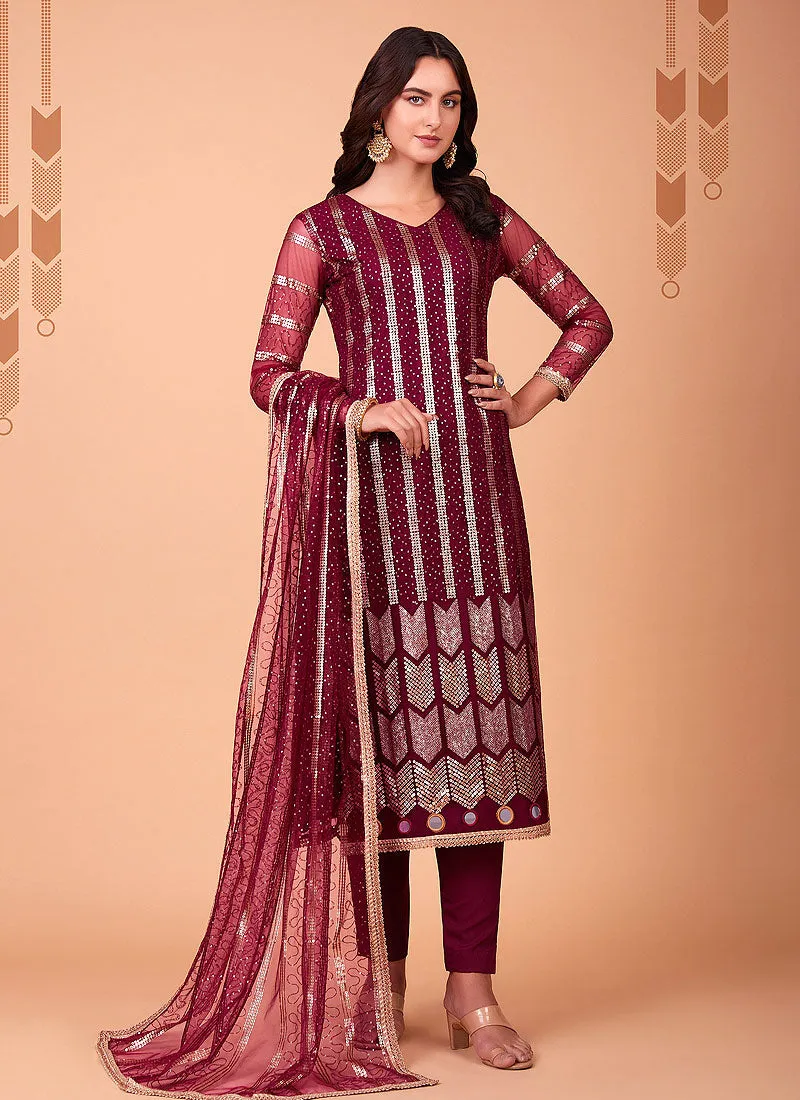 Red Sequin Embroidered Straight Pant Suit