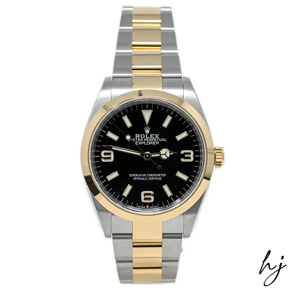 Rolex Explorer 18K Yellow Gold & Steel Black Stick & Arabic Numeral Dial Watch Reference #: 124273