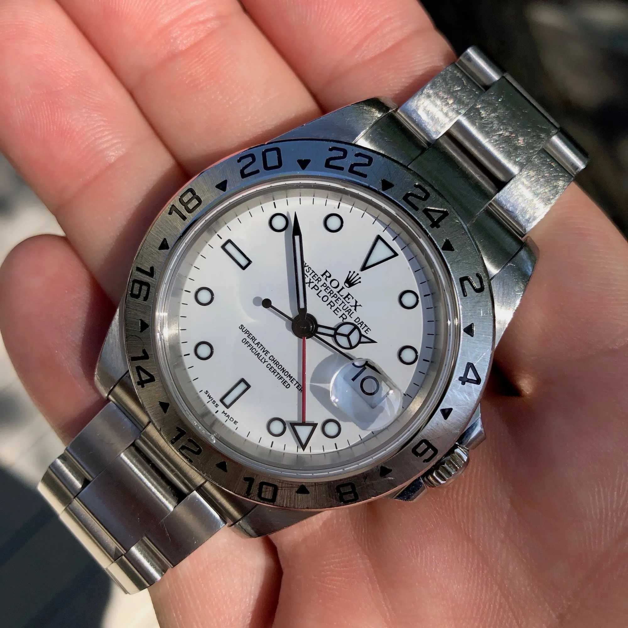 Rolex Explorer II 16570 White Stainless Steel GMT Oyster Wristwatch Box Papers Circa 2000