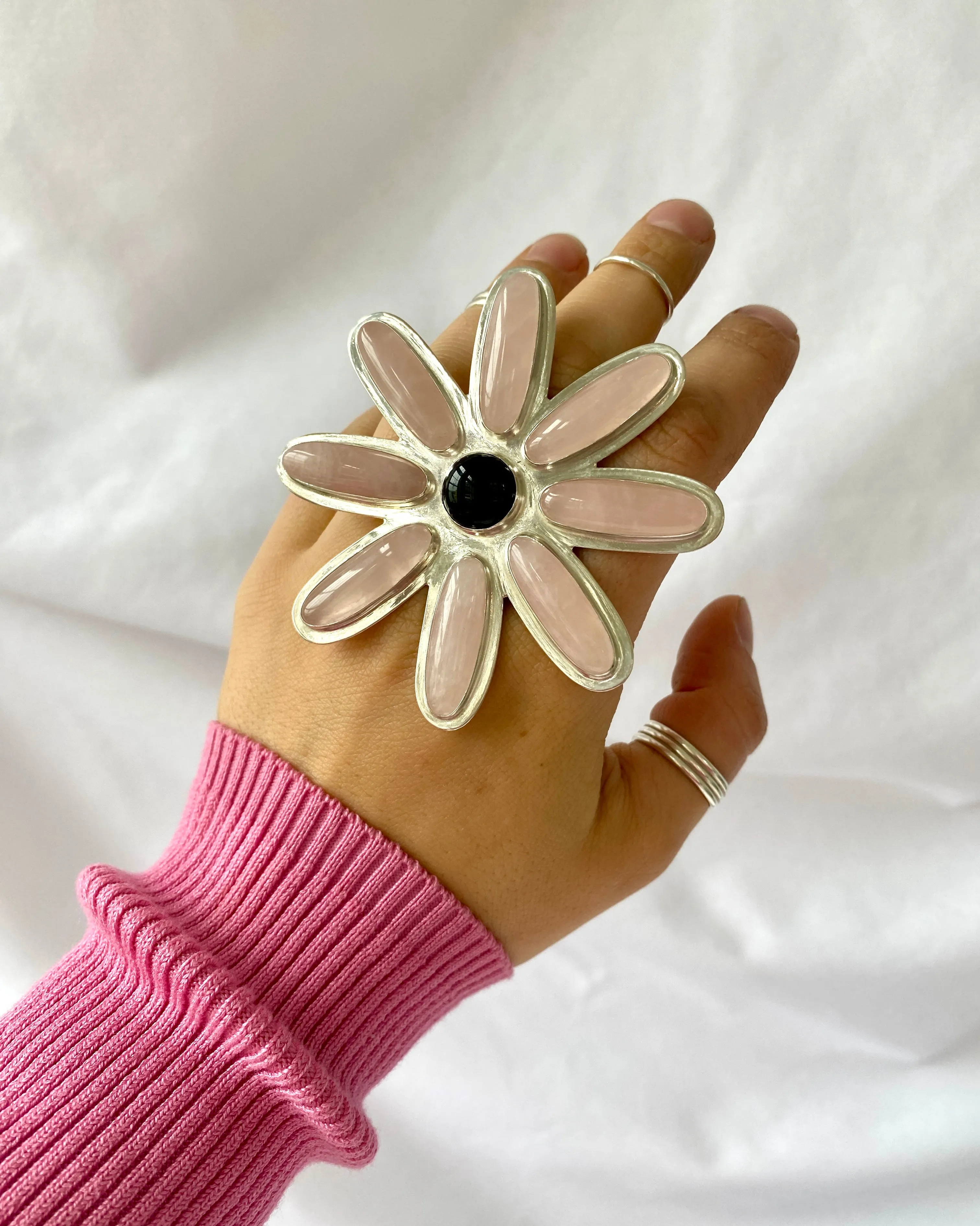 Rose Quartz and Onyx Flower Statement Ring