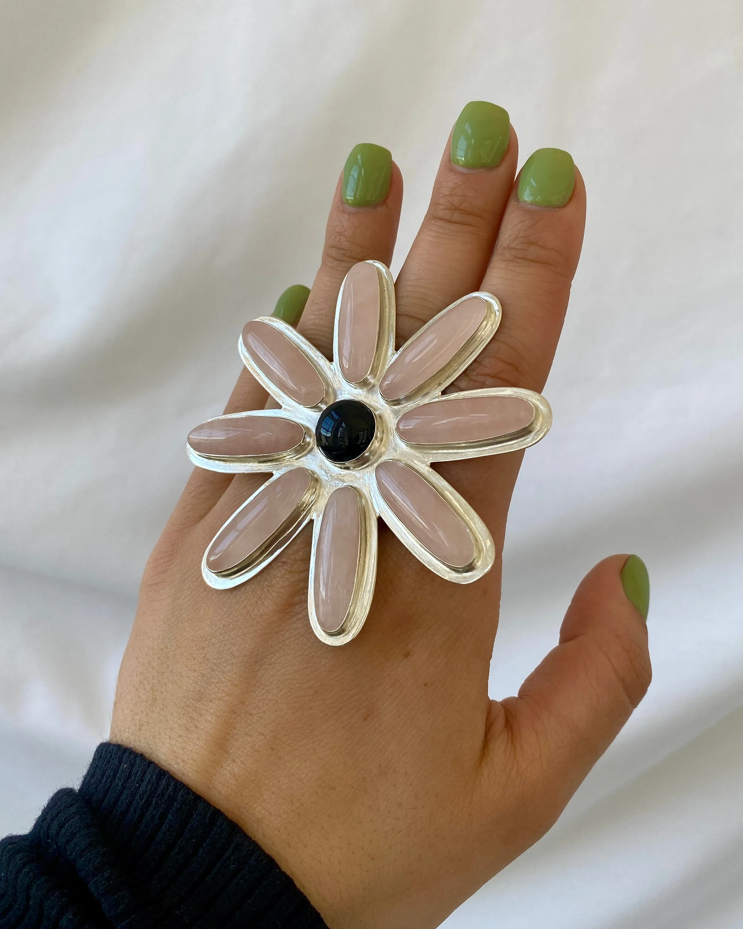 Rose Quartz and Onyx Flower Statement Ring