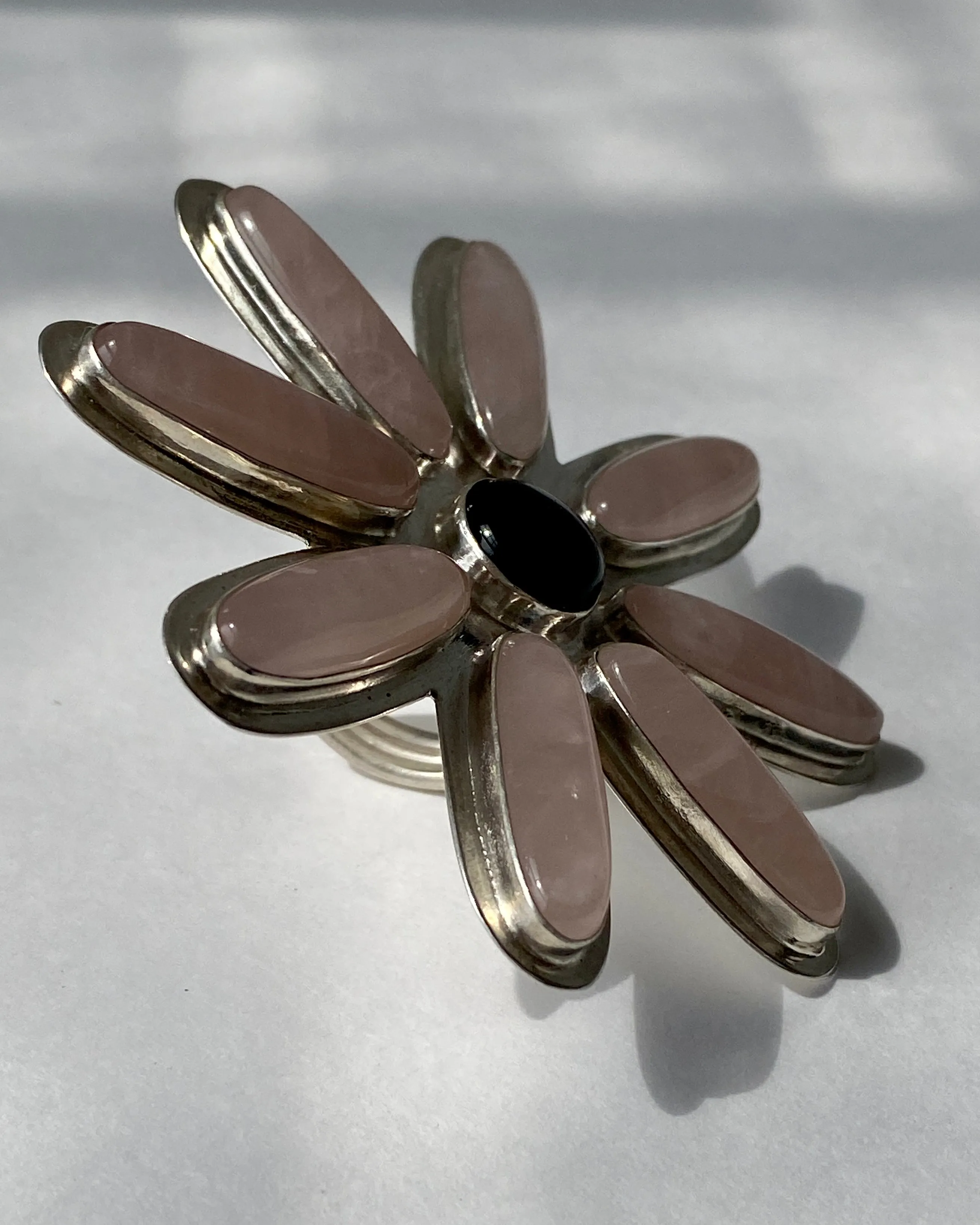 Rose Quartz and Onyx Flower Statement Ring
