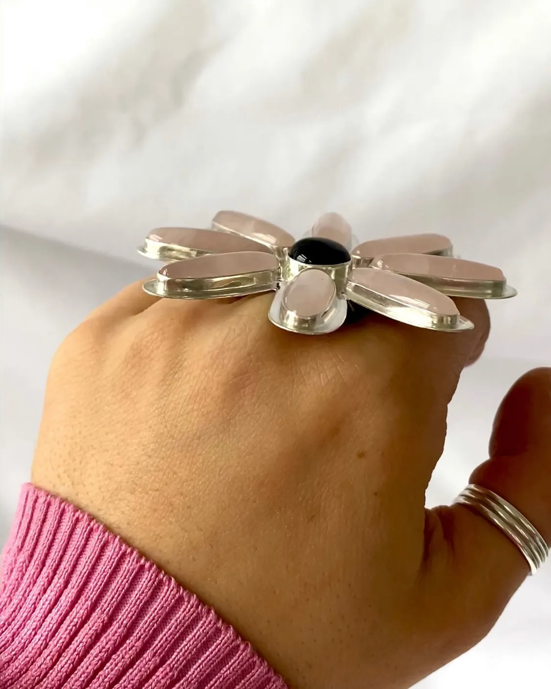 Rose Quartz and Onyx Flower Statement Ring