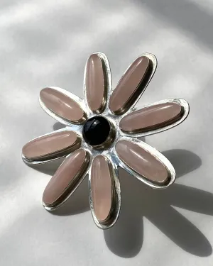 Rose Quartz and Onyx Flower Statement Ring