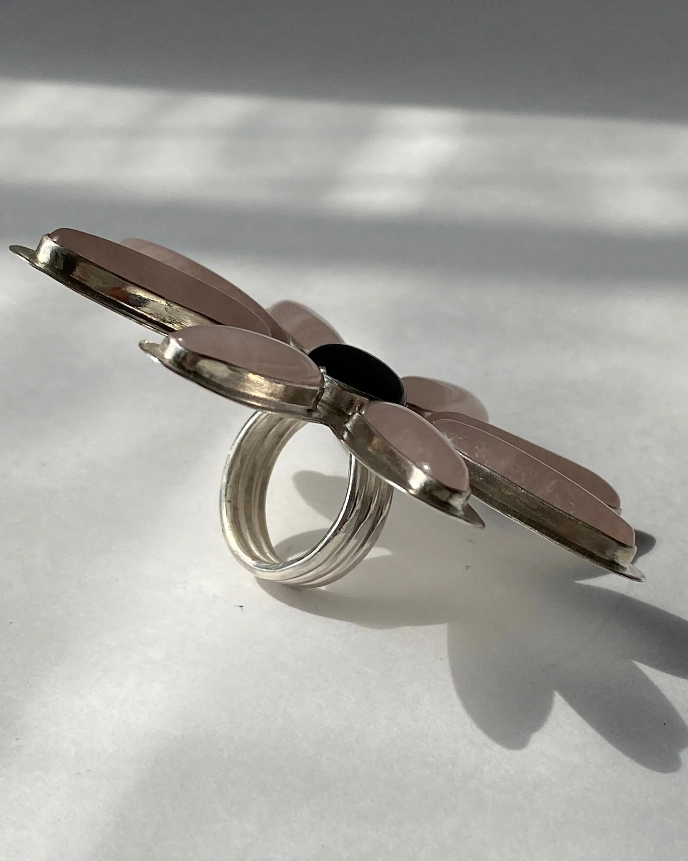 Rose Quartz and Onyx Flower Statement Ring