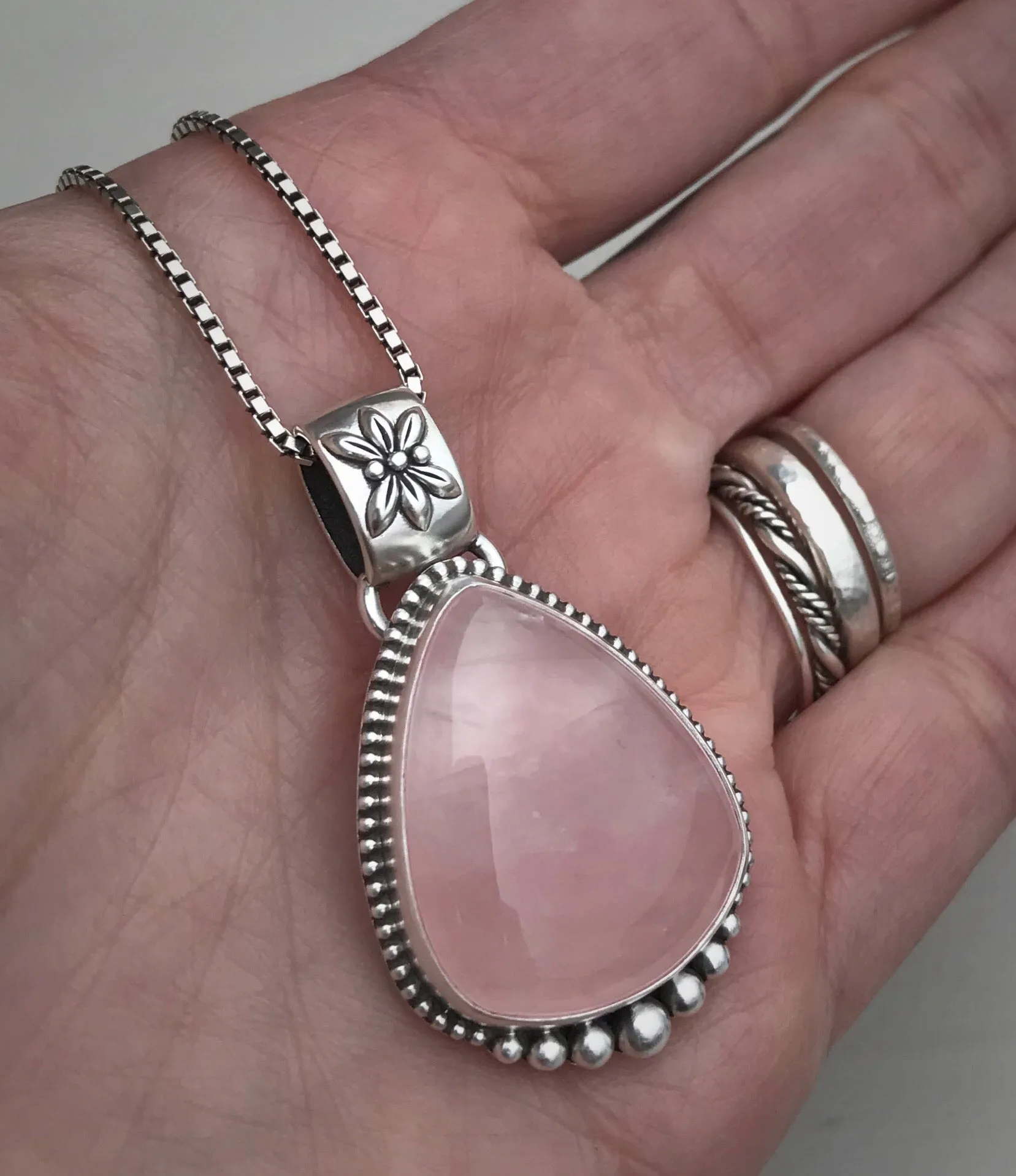 Rose Quartz Boho Floral Pendant