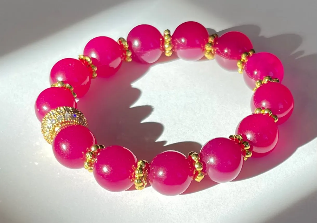 Rose Ruby Quartz Pave Gold Beaded Bracelet