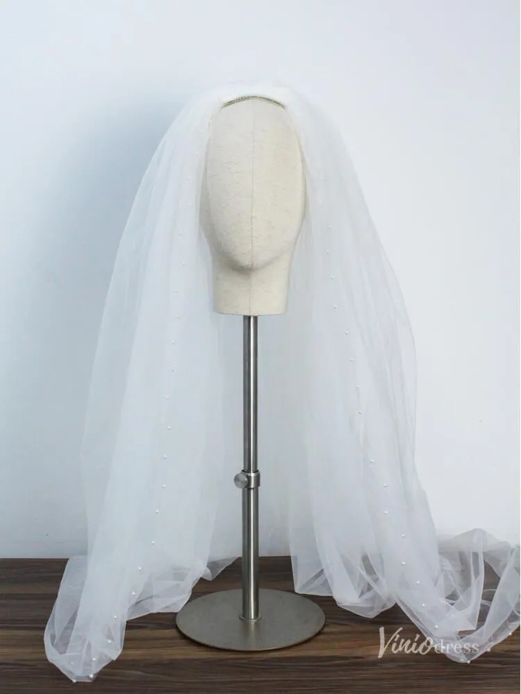 Roycebridal 2 Tiers Tulle Bridal Veils with Pearls Viniodress AC1306