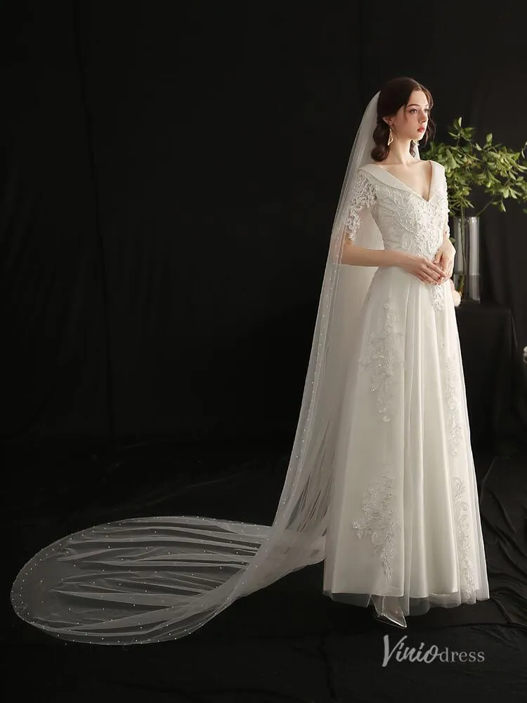 Roycebridal 2 Tiers Tulle Bridal Veils with Pearls Viniodress AC1306