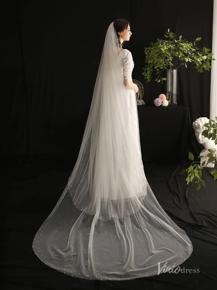 Roycebridal 2 Tiers Tulle Bridal Veils with Pearls Viniodress AC1306