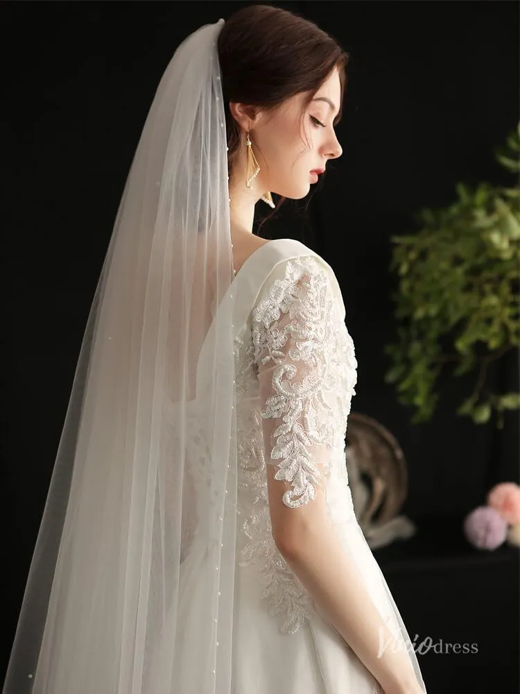 Roycebridal 2 Tiers Tulle Bridal Veils with Pearls Viniodress AC1306