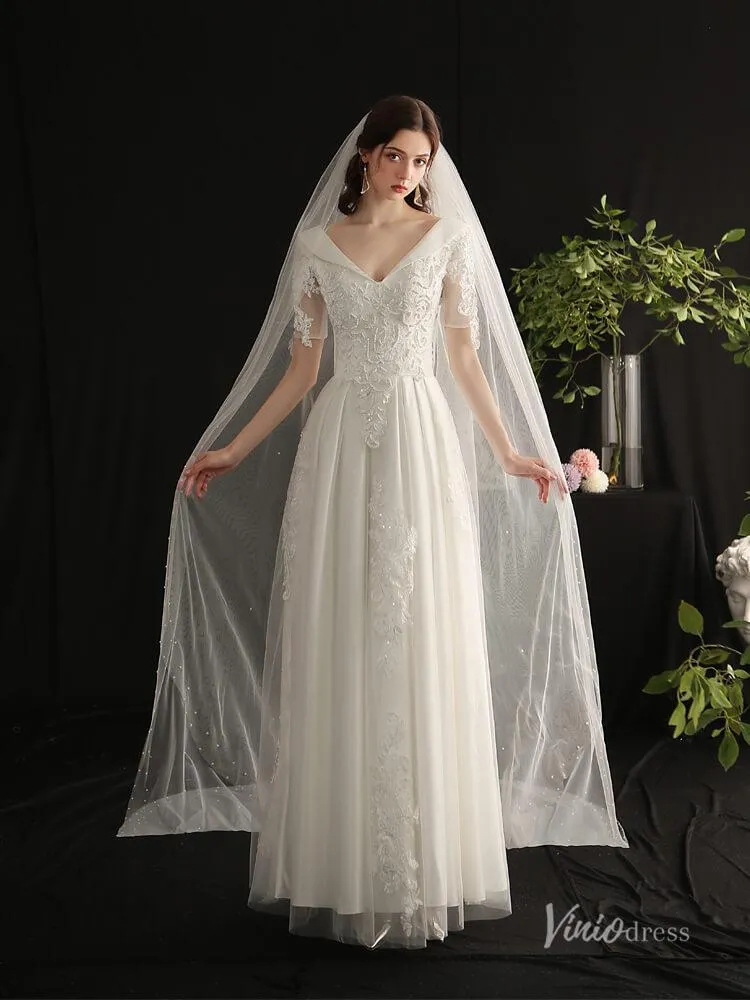 Roycebridal 2 Tiers Tulle Bridal Veils with Pearls Viniodress AC1306
