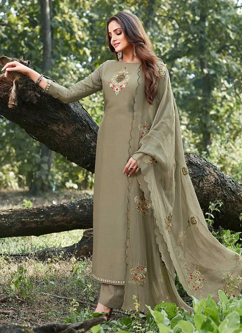 Shaded Green Embroidered Straight Pant Style Suit