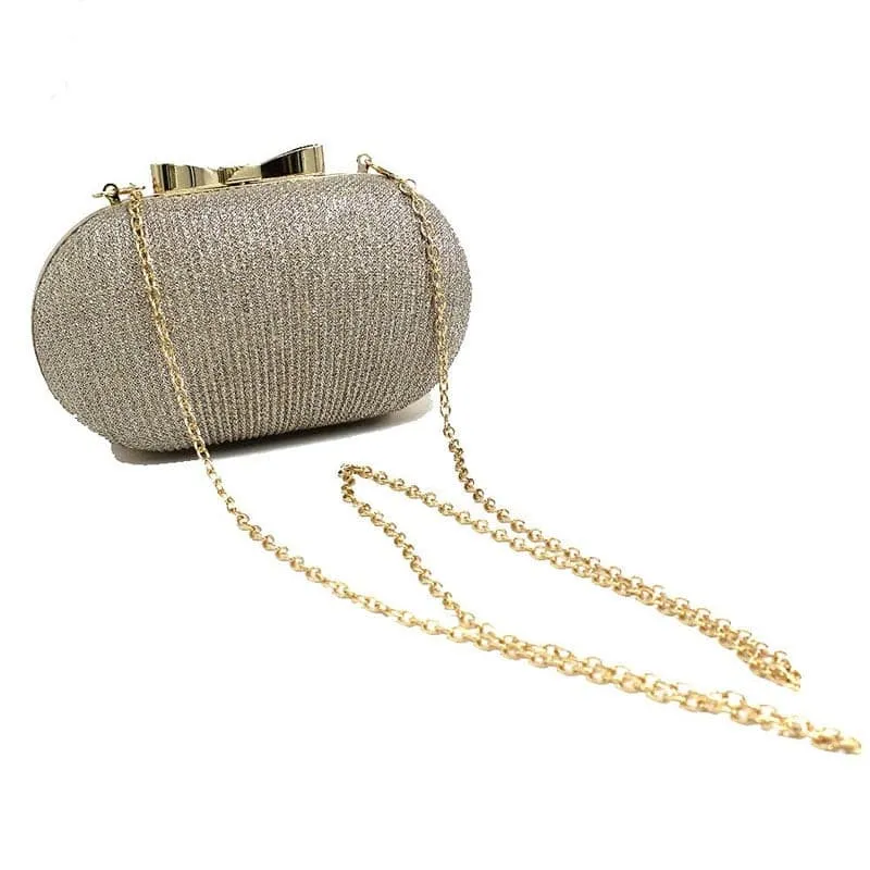 Shiny Golden Metal Bow Bridal Clutch Bag Wedding Handbag Chain Shoulder Bag