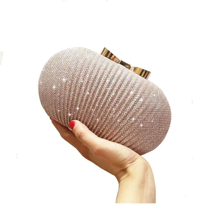 Shiny Golden Metal Bow Bridal Clutch Bag Wedding Handbag Chain Shoulder Bag
