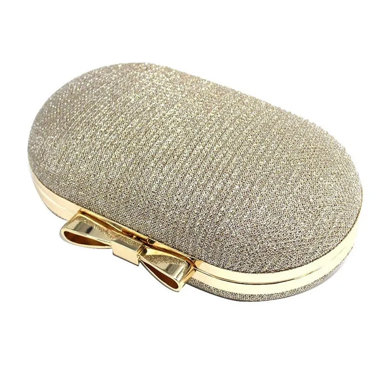 Shiny Golden Metal Bow Bridal Clutch Bag Wedding Handbag Chain Shoulder Bag
