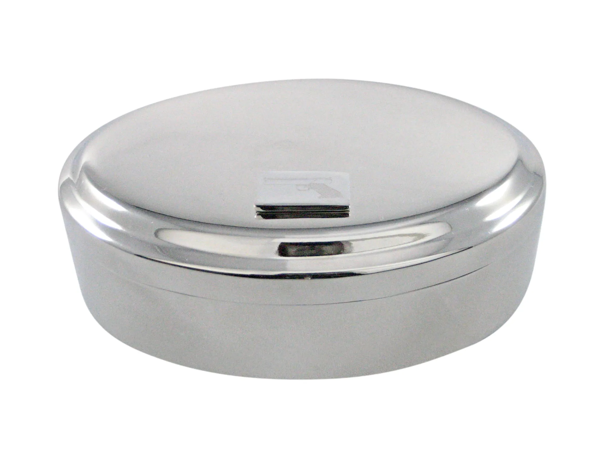 Silver Toned Etched Simple Modern Handgun Pendant Oval Trinket Jewelry Box