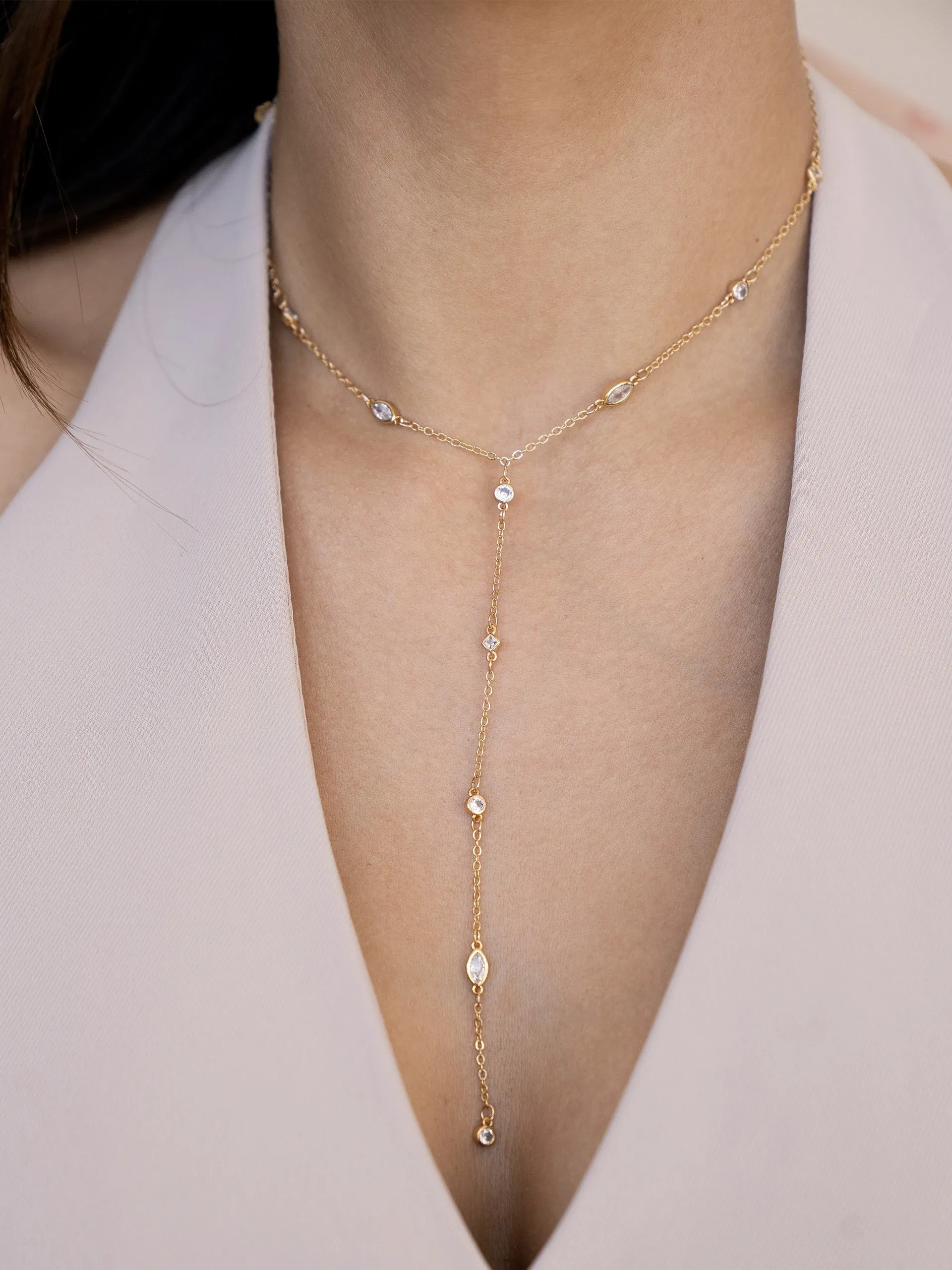 Simple Crystal Dot Lariat Necklace