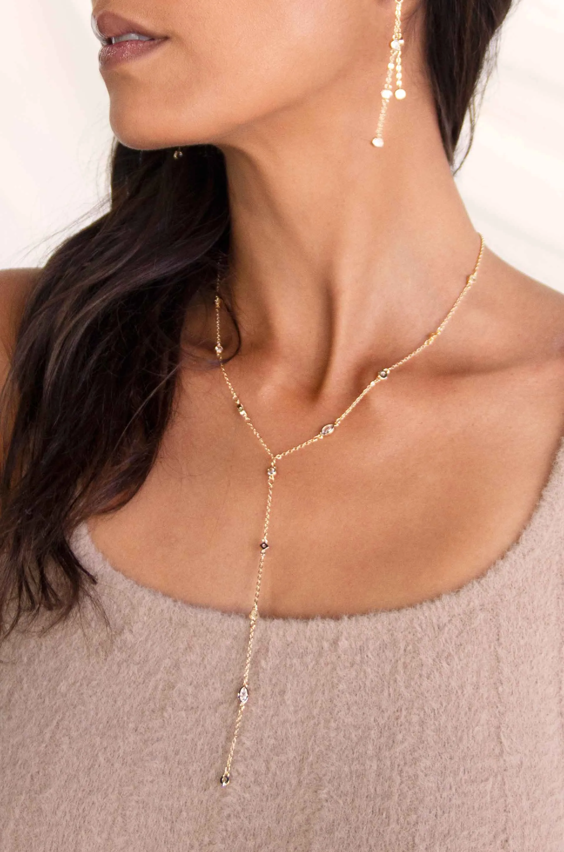 Simple Crystal Dot Lariat Necklace