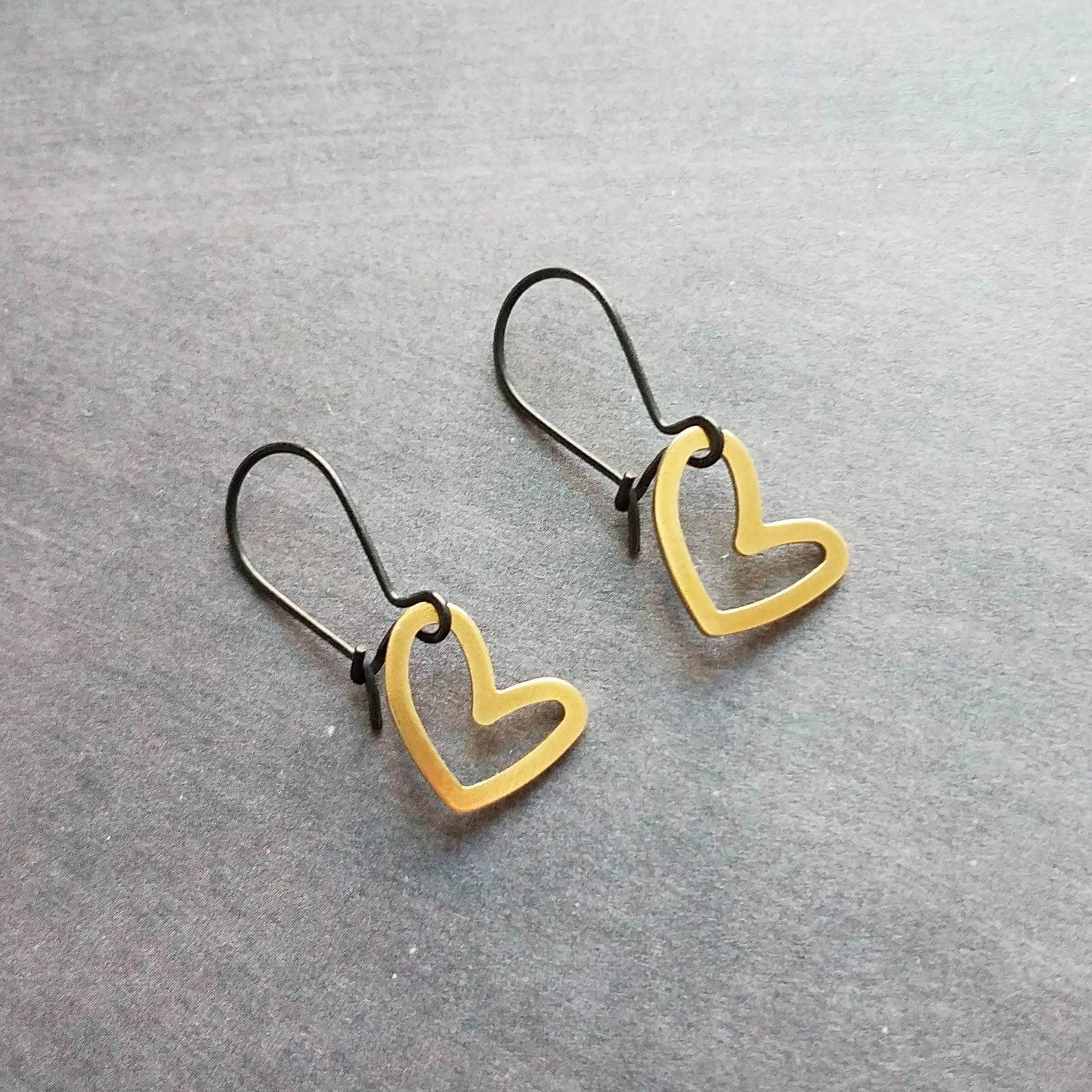 Simple Gold Heart Earrings, matte black kidney hook, asymmetrical heart earring, Valentine's Day earring, galentine gift, gold heart outline