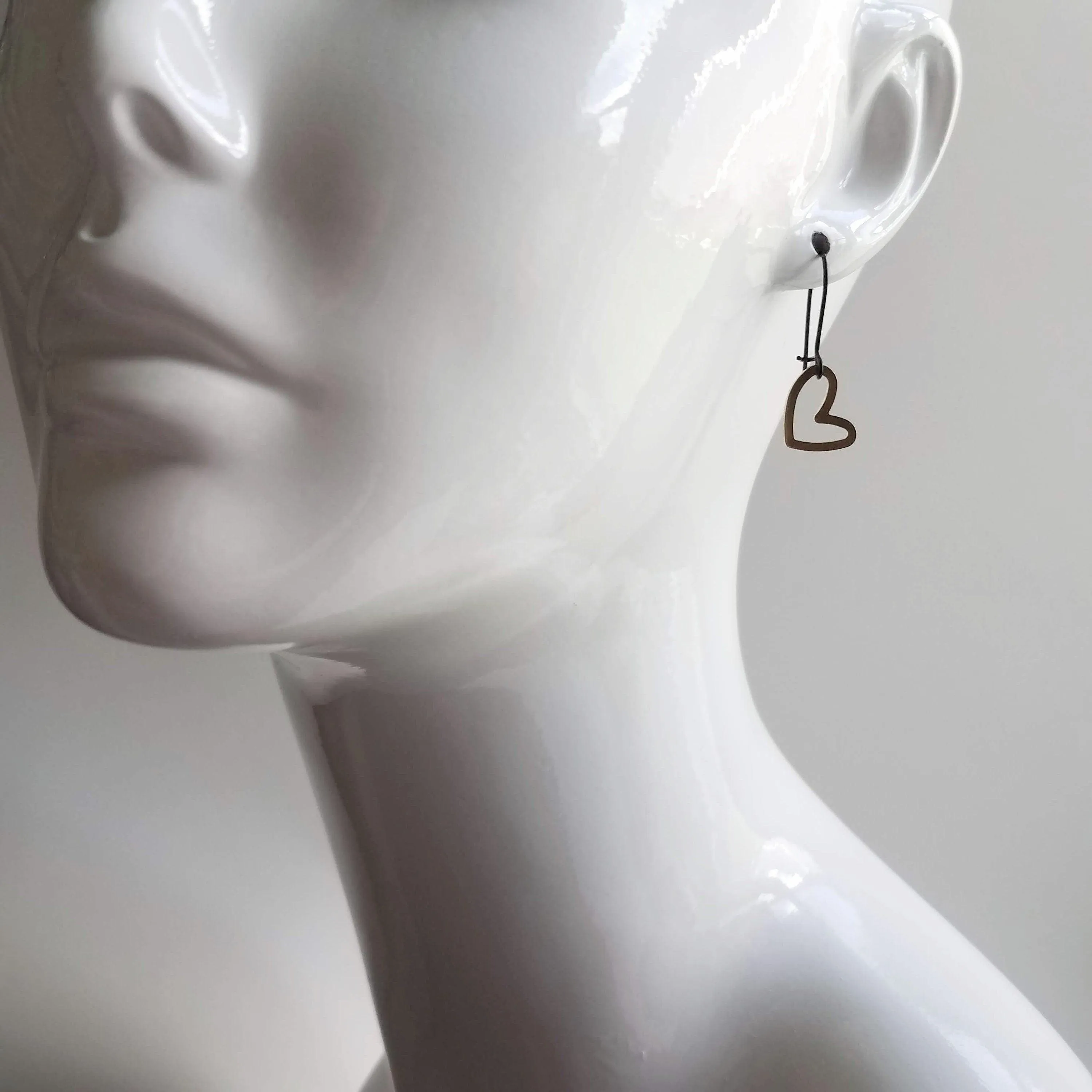 Simple Gold Heart Earrings, matte black kidney hook, asymmetrical heart earring, Valentine's Day earring, galentine gift, gold heart outline