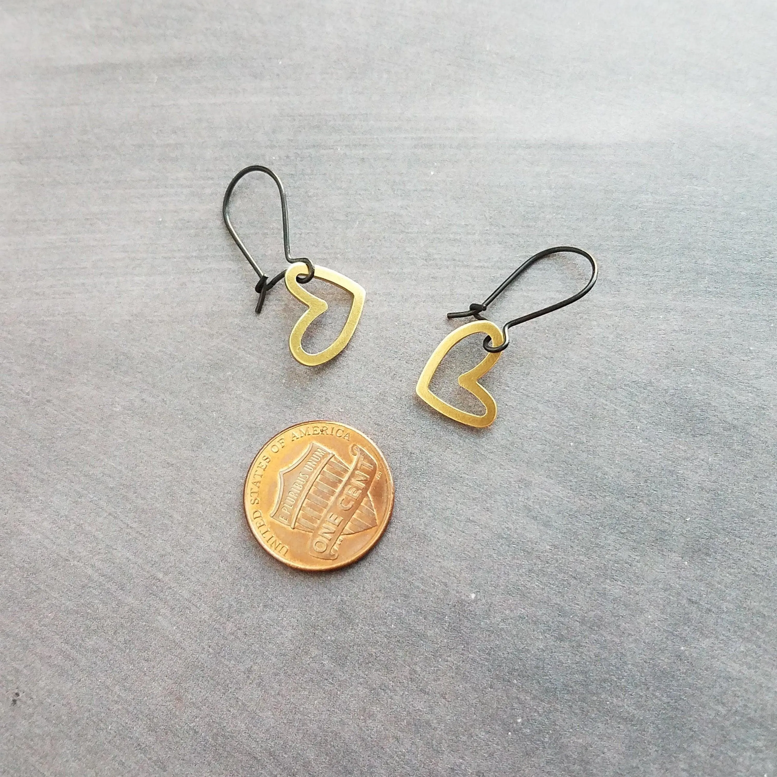 Simple Gold Heart Earrings, matte black kidney hook, asymmetrical heart earring, Valentine's Day earring, galentine gift, gold heart outline