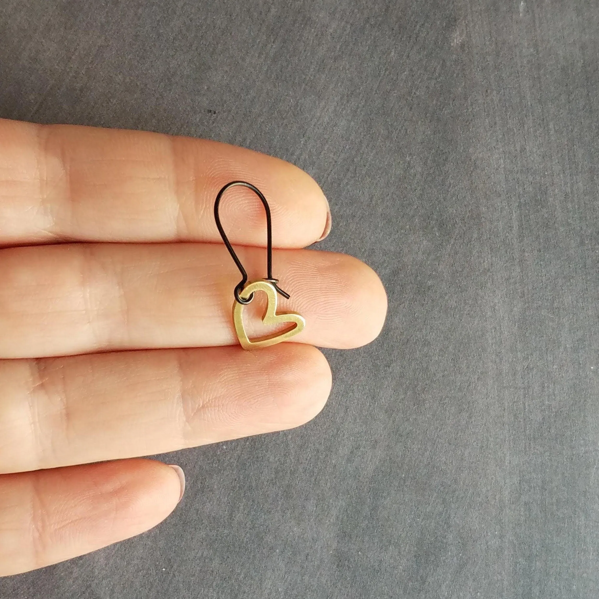 Simple Gold Heart Earrings, matte black kidney hook, asymmetrical heart earring, Valentine's Day earring, galentine gift, gold heart outline