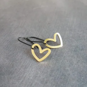 Simple Gold Heart Earrings, matte black kidney hook, asymmetrical heart earring, Valentine's Day earring, galentine gift, gold heart outline