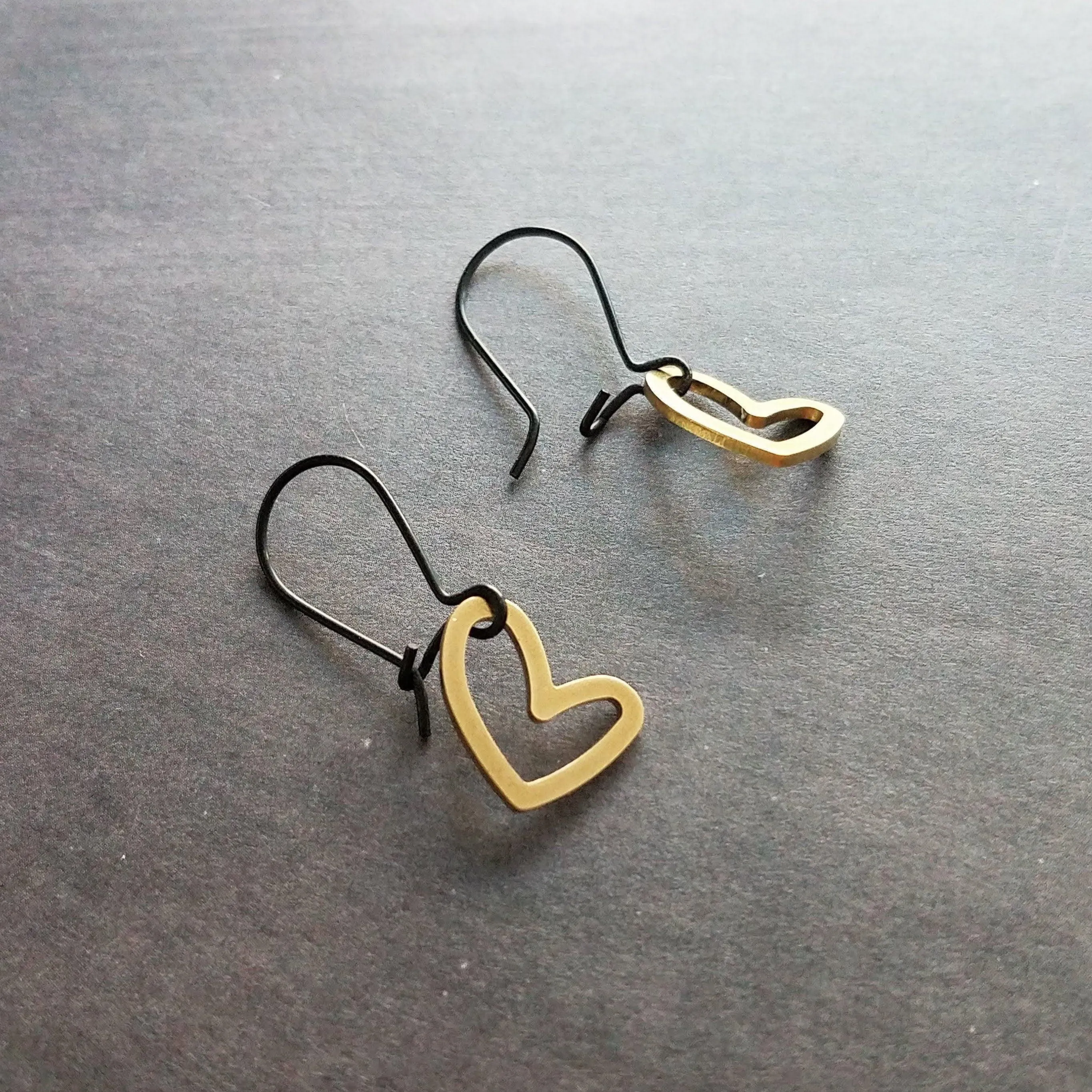 Simple Gold Heart Earrings, matte black kidney hook, asymmetrical heart earring, Valentine's Day earring, galentine gift, gold heart outline