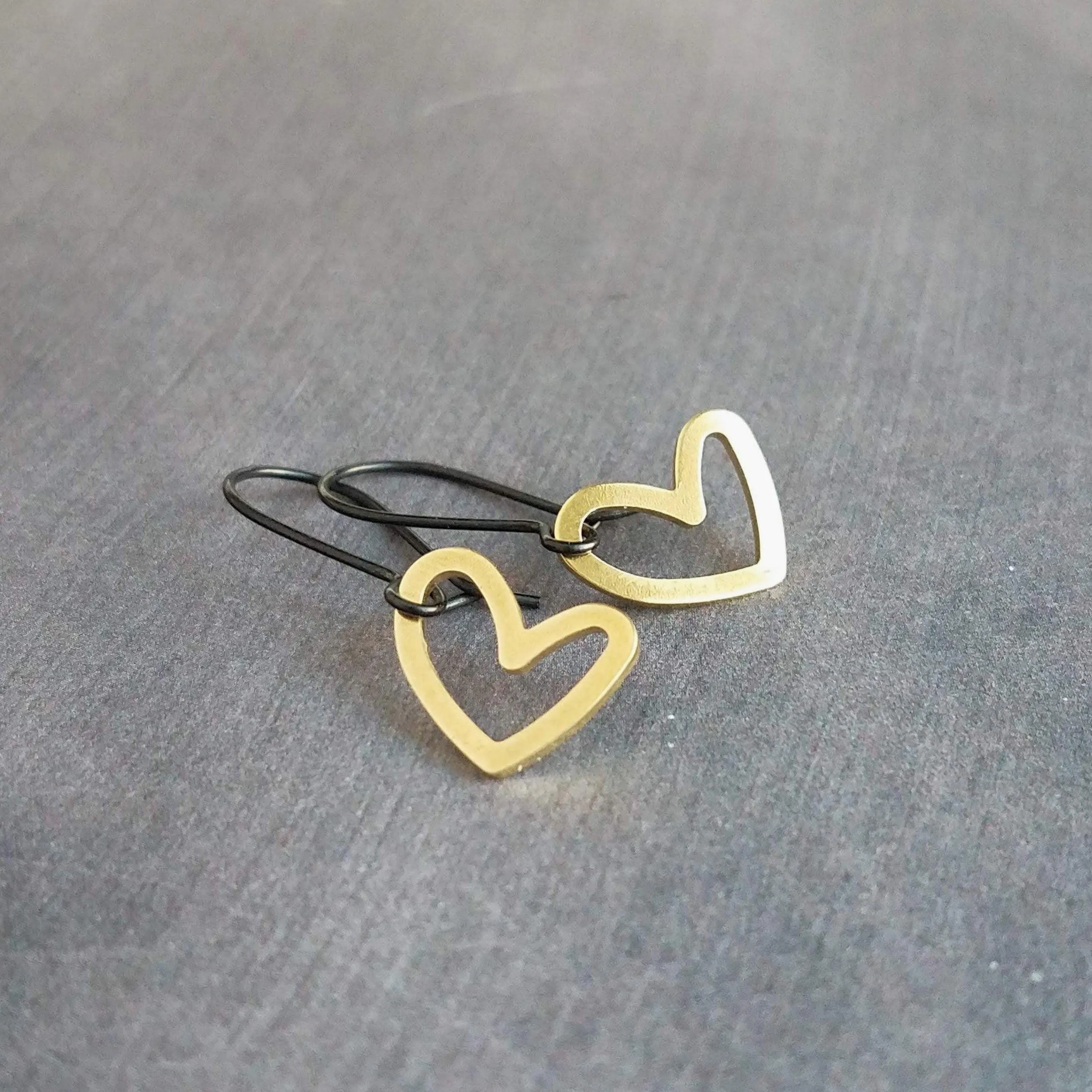 Simple Gold Heart Earrings, matte black kidney hook, asymmetrical heart earring, Valentine's Day earring, galentine gift, gold heart outline
