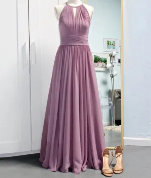 Simple pink chiffon long prom dress, bridesmaid dress